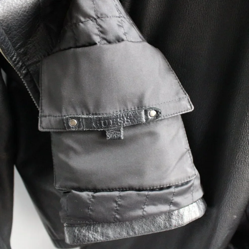Guess Men's VTG 90s/00's Black Zip-Up Pointed Collar Leather Jacket Size Large